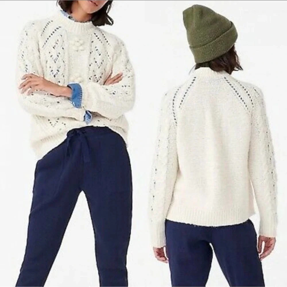J.Crew cream cable-knit pointelle sweater w/popcorn flowers sz XS